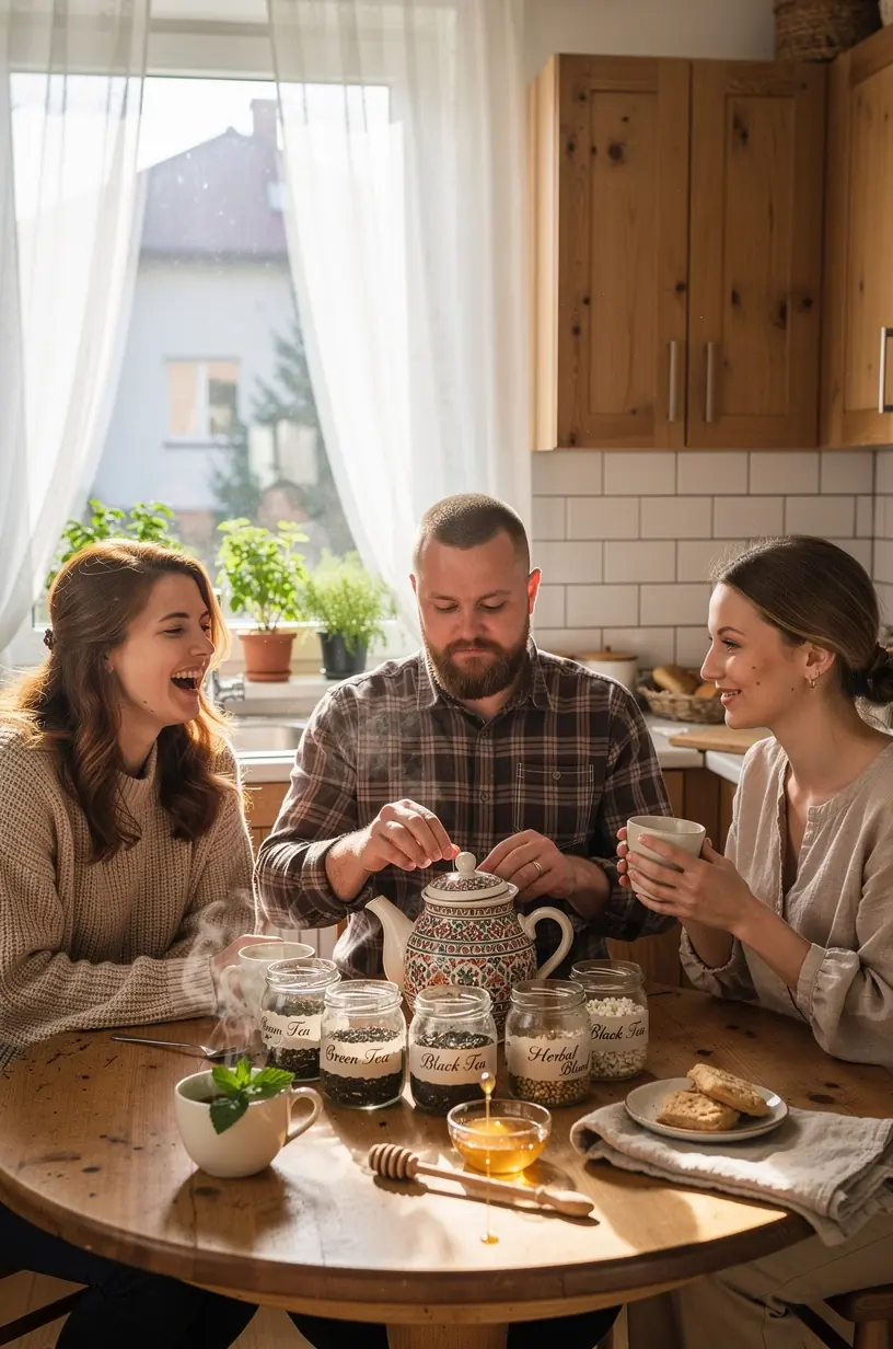 Sveikos arbatos gėrimo rutina iliustruota spalvingais grafikais ir žingsnių aprašymais