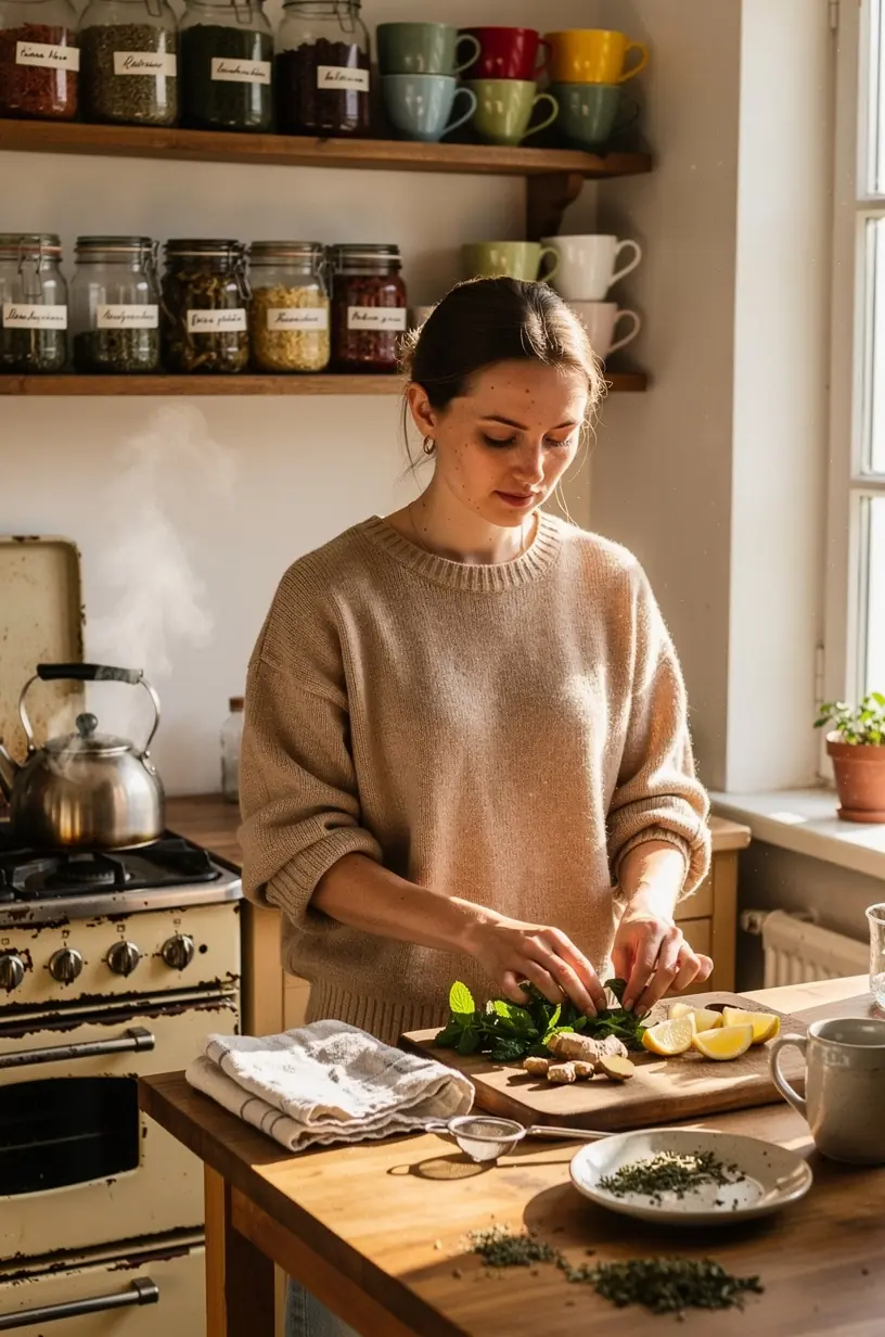 Šiltos arbatos puodelis ant stalo šalia užrašų knygelės ir laikrodžio, simbolizuojantis arbatos ritualo integravimą į sveiką dienos rutiną.